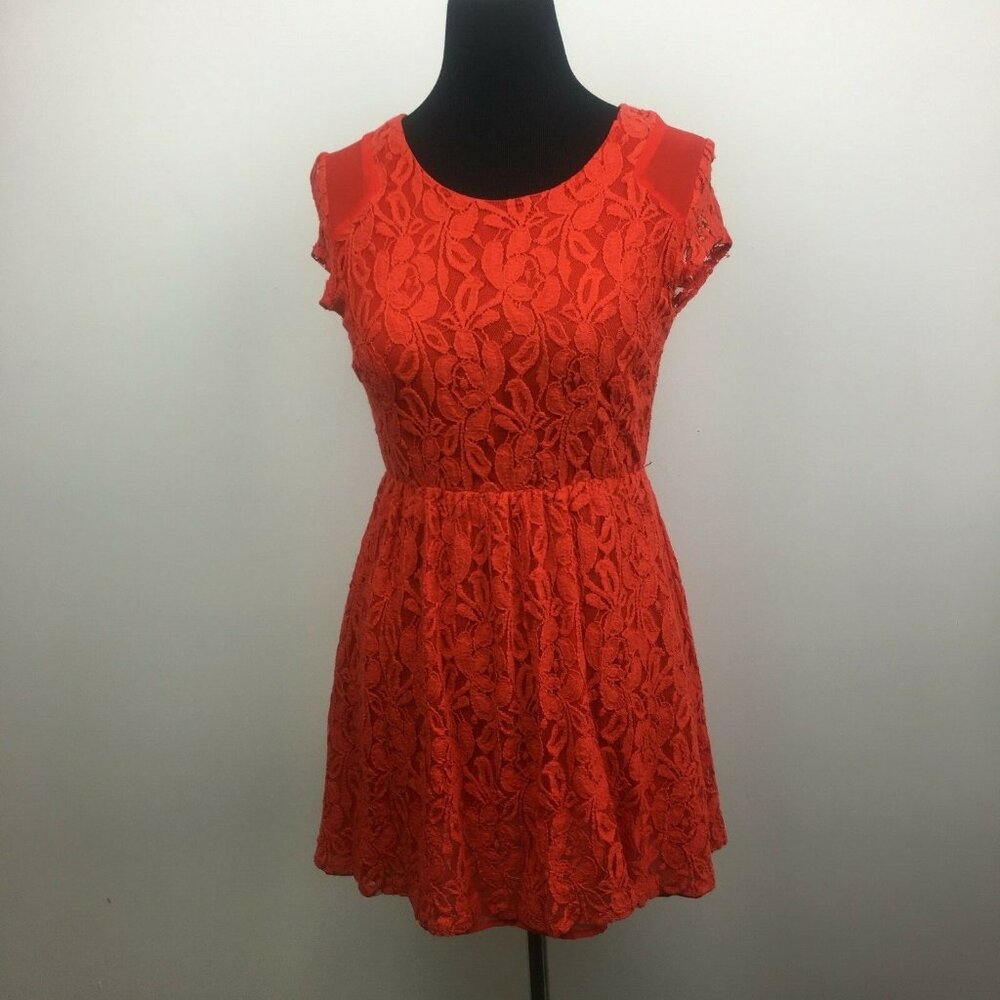 Coincidence & Chance UO Womens Orange-Red Cap Sleeve Lace Skater Dress - Size M